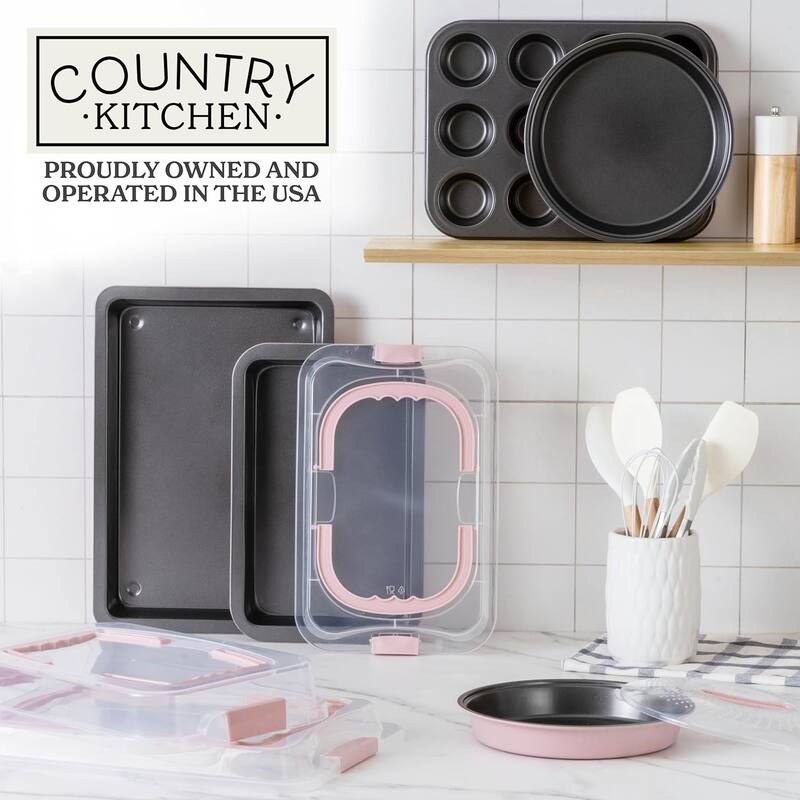 Country Kitchen Baking Pans Set 10 Piece Non-Stick Cake Pans with Carry Lids for Storage & Travel, Perfect for Parties Stackable