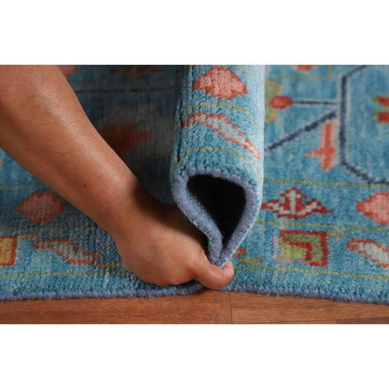 All-Over Blue Oushak Oriental Area Rug Hand-Knotted Wool Carpet - 9'0" x 11'11"