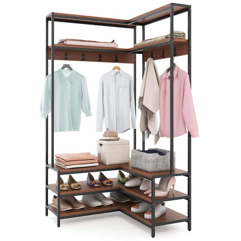 Costway Corner Garment Rack L-shaped Clothes Rack with Open Shelves & - See Details