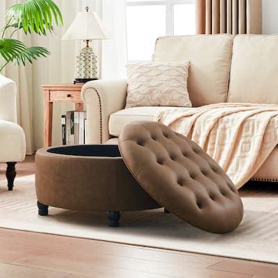 Tufted Round Storage Ottoman, Faux Leather