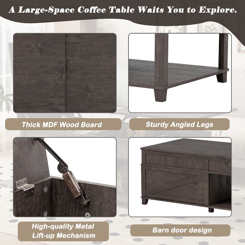 Lift Top Coffee Table with Hidden Storage Compartment and Open Shelf, Adjustable Wood Center Table