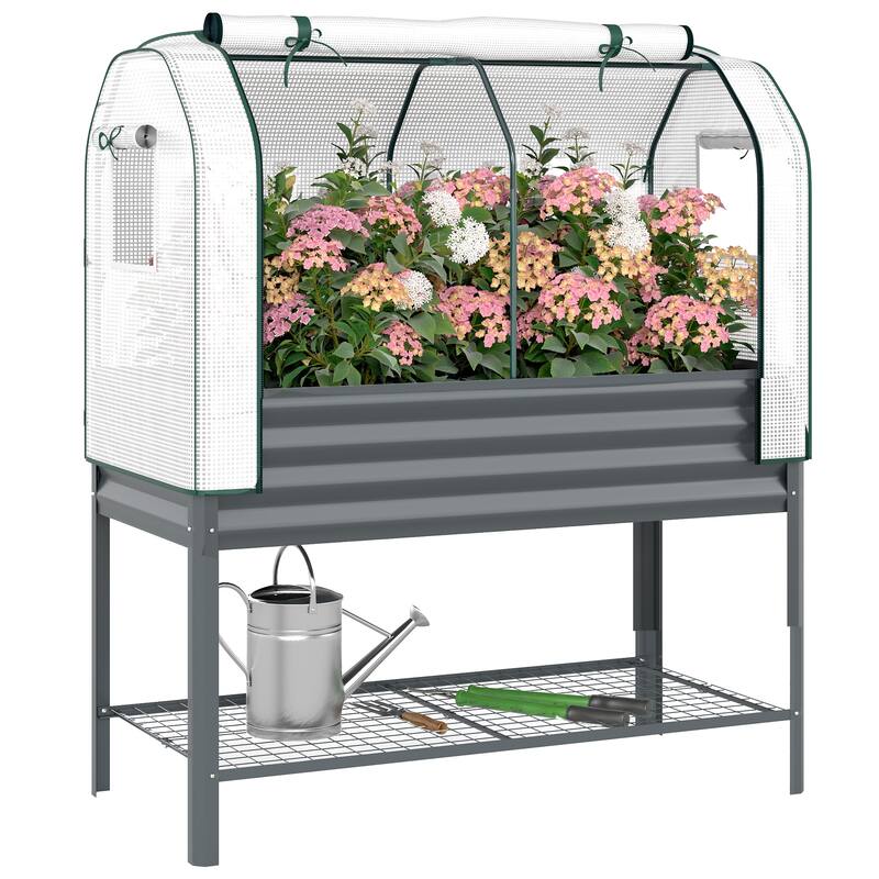 Outsunny Galvanised Raised Garden Bed with Greenhouse Cover, Metal Elevated Garden Bed with Legs, Bed Liner and Bottom Shelf