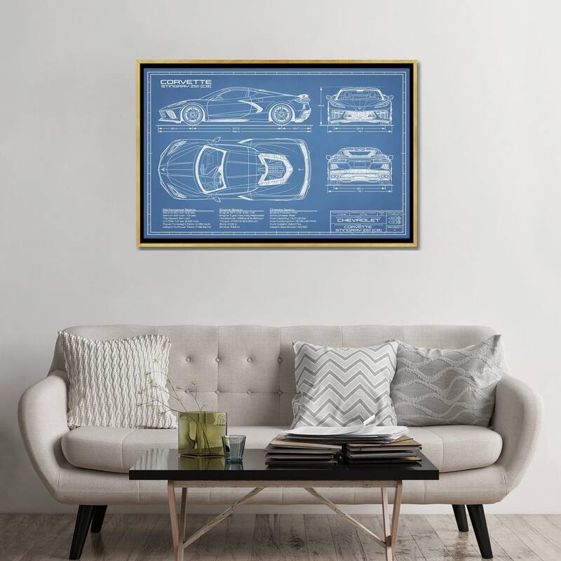 iCanvas "Corvette (C8) Stingray Blueprint" by Action Blueprints Framed Canvas Print