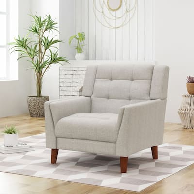 Mid-century Modern Armchair Linen Fabric Accent Chair with Solid Wood Frame
