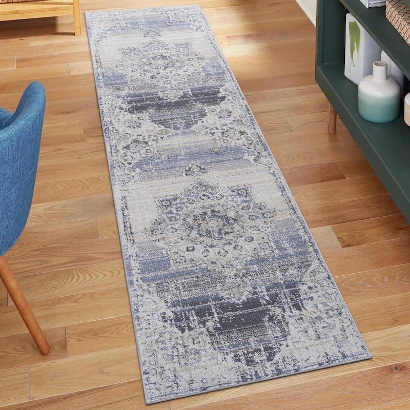 PAYAS Collection 2X8 Cream / Blue / Medallion Non-Shedding Runner Rug - 96" D x 26" W x 0.28" H