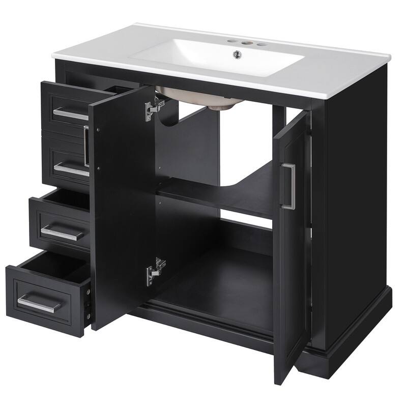 36" Bathroom Vanity with Ceramic Sink, Soft-Close Door, Adjustable Shelf & 3 Drawers