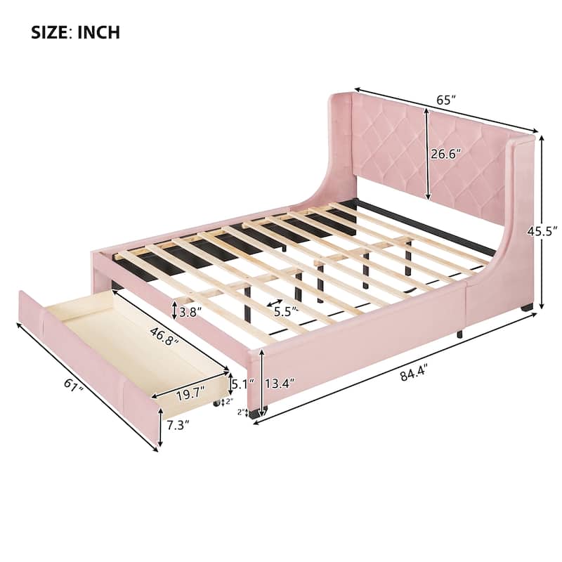 Elegant Queen Velvet Platform Bed with Drawer and Wingback Headboard, No Box Spring Needed