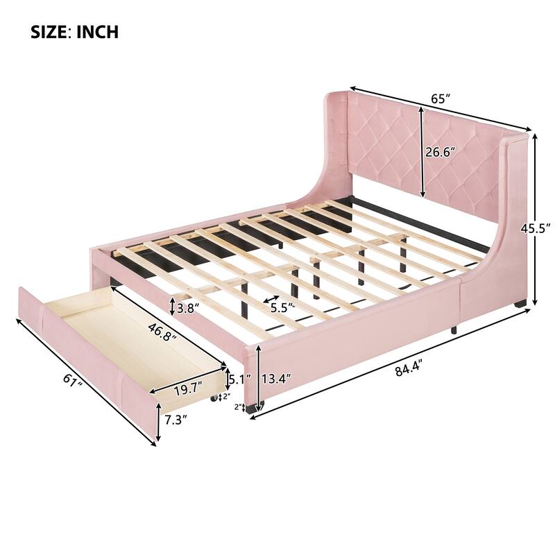 Storage Bed Velvet Upholstered Platform Bed with Wingback Headboard and a Big Drawer