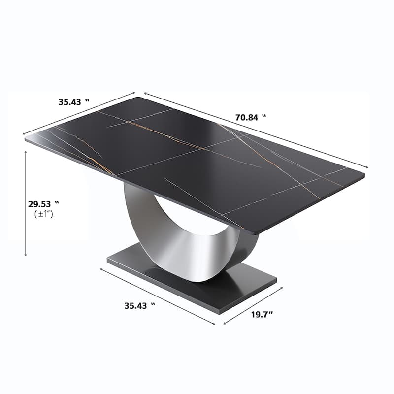 71" Antique White Marble Sintered Stone Table Top,Rectangle Dining Room Table with Stainless Steel Pedestal