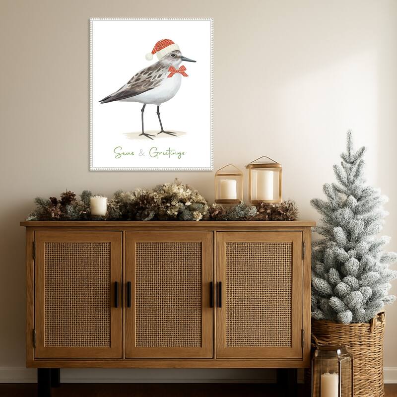 Christmas Sandpiper I by Lucca Sheppard Framed Canvas Wall Art Print - Sylvie Beaded White