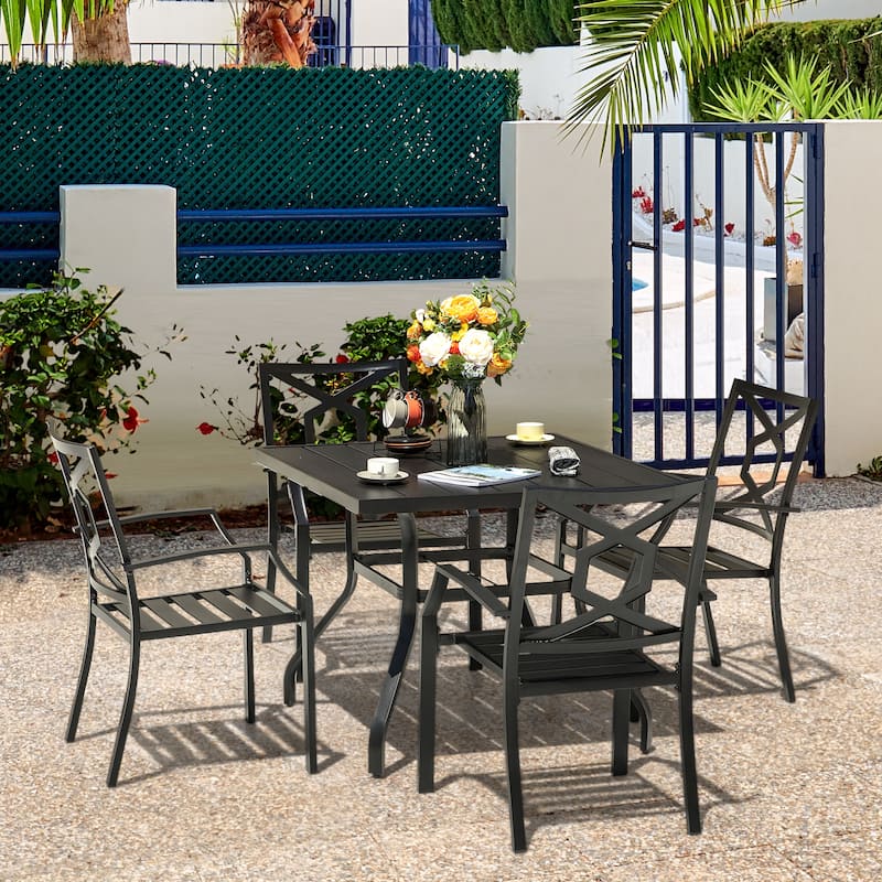 Outdoor Iron Dining Set of 5, Powder Coating, Black - Black