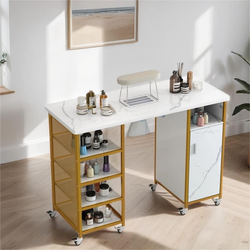 Manicure Table with Electric Downdraft Vent,Wrist Cushion, Lockable Wheels