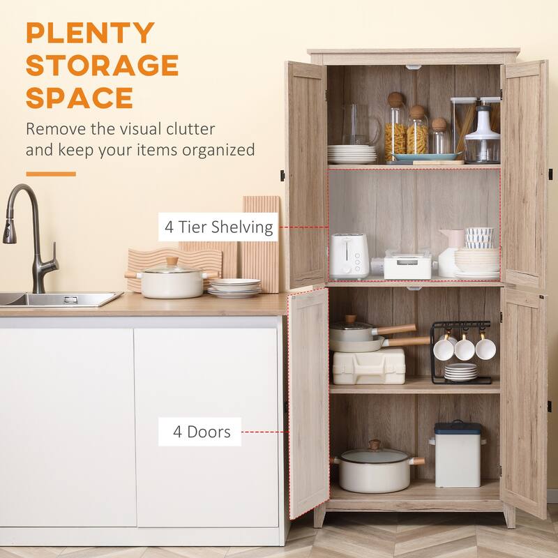 HOMCOM 72" Freestanding 4-Door Kitchen Pantry, Storage Cabinet Organizer with 4-Tiers, and Adjustable Shelves, White