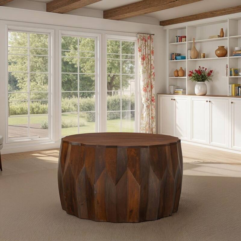Facet 30" Diamond Carved Round Mango Wood Coffee Table - Elegant Cylindrical Base, Walnut Finish Accent Table - Brown