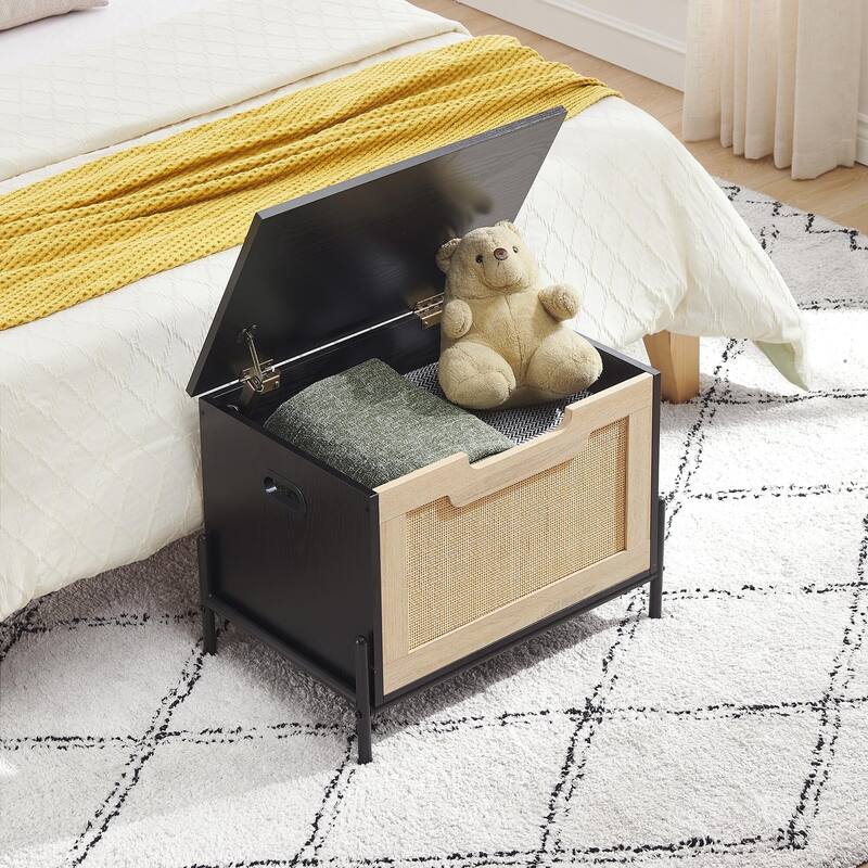 Square Rattan Foot Rest Stool, Storage Entryway Bench for Small Spaces, Storage Ottoman for Living Room Coffee Table,