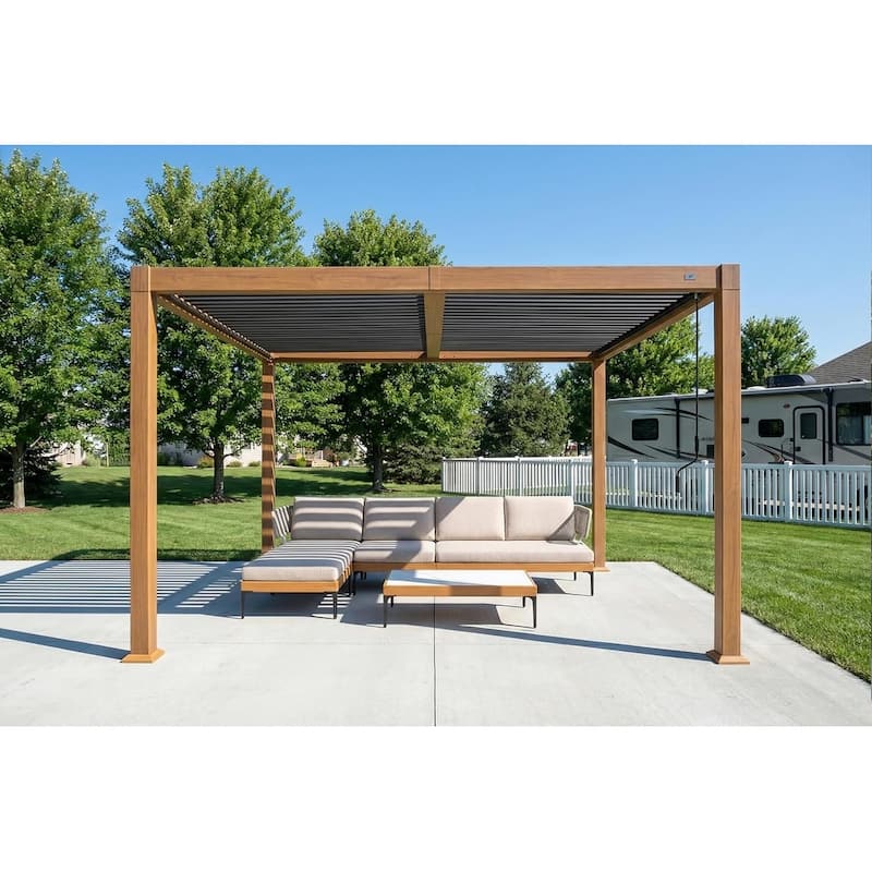 PURPLE LEAF Louvered Pergola Sun Shade Shelter with Adjustable Metal Roof for Patio Hardtop Pergola - 10' x 12' - Wood&Grey