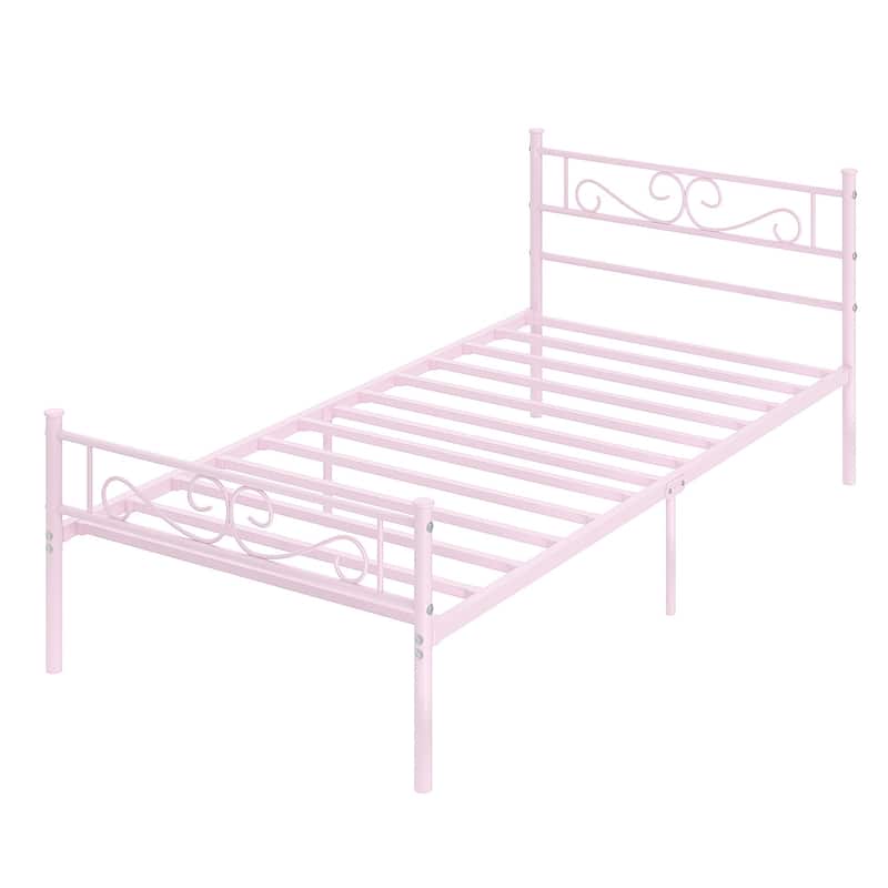 VECELO 2-Pack Twin Bed Frame for Kids Metal Bed Frame with Headboard No Box Spring Needed Twin Size Bed Under Bed Storage