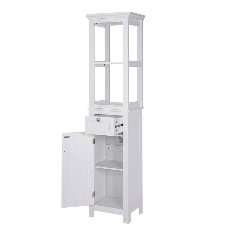 COSTARS Home Bathroom Freestanding Storage Cabinet with Two Tier Open Shelves, Tall Slim Tower with Door and Drawer