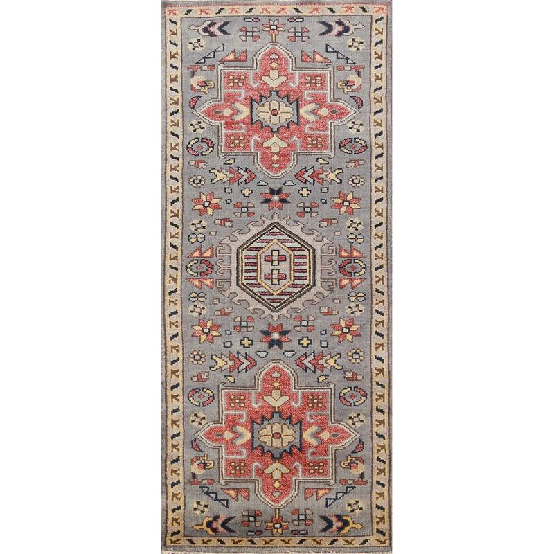Gray Geometric Heriz Serapi Indian Runner Rug Handmade Wool Carpet - 2'7" x 7'8"