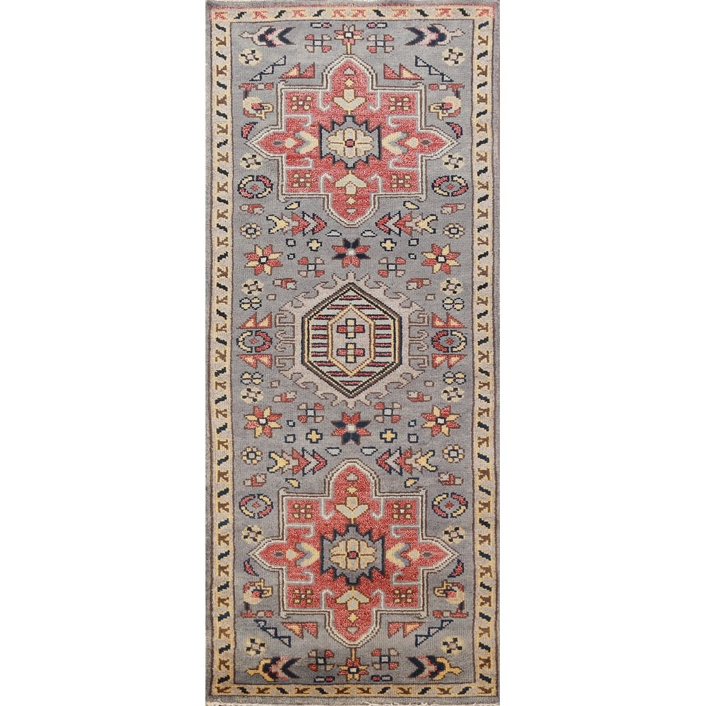 Hand Knotted Oriental 100% Wool Carpet Traditional Geometric Greys & Charcoal Heriz (serapi) Runner Rug - 7' 8'' X 2' 7''