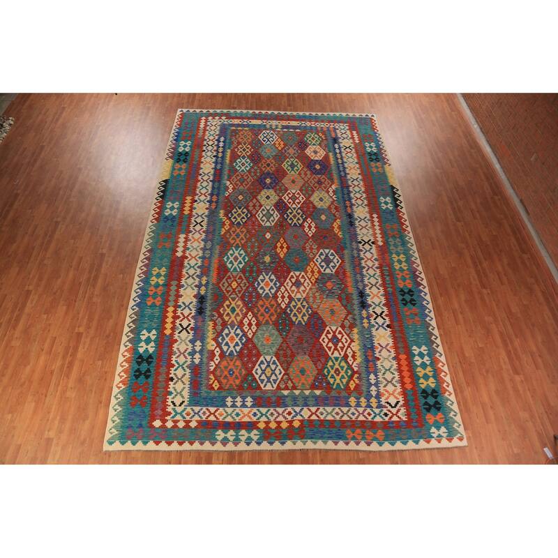 All-Over Geometric Kilim Oriental Large Rug Hand-Woven Wool Carpet - 10'6"x 16'3"