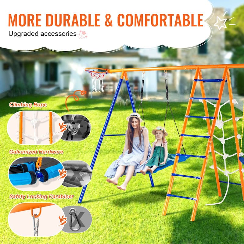 6 in 1 Outdoor Metal Swing Set Includes 2 Swings and Ladder Ideal for Kids - 165.35”L x 70.08”W x 80.31”H