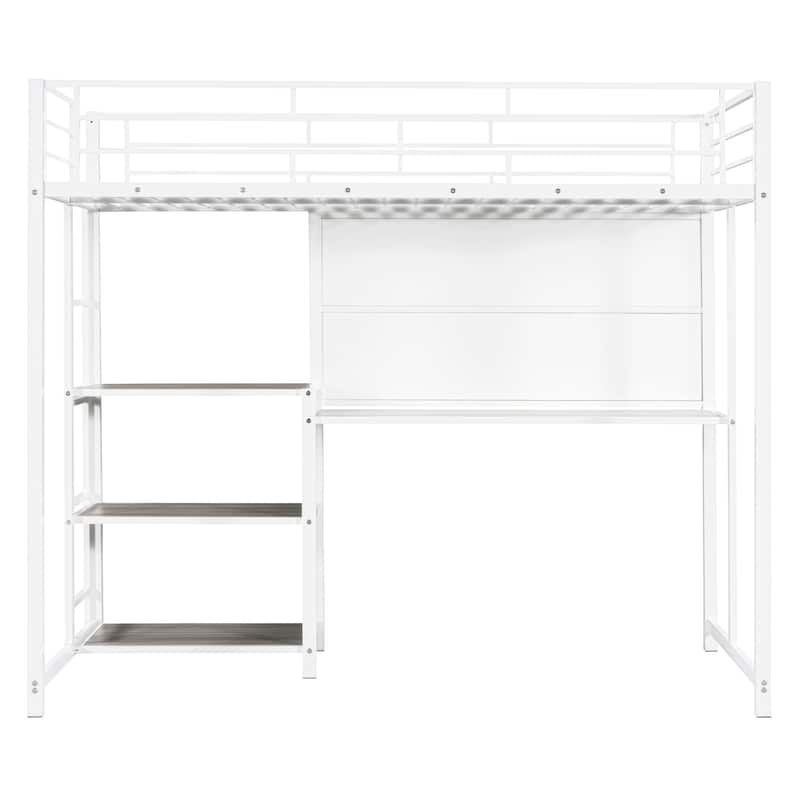 Twin Size Loft Bed with Desk, Whiteboard, and Shelves, a Versatile and Functional Choice for Kids' Rooms - White