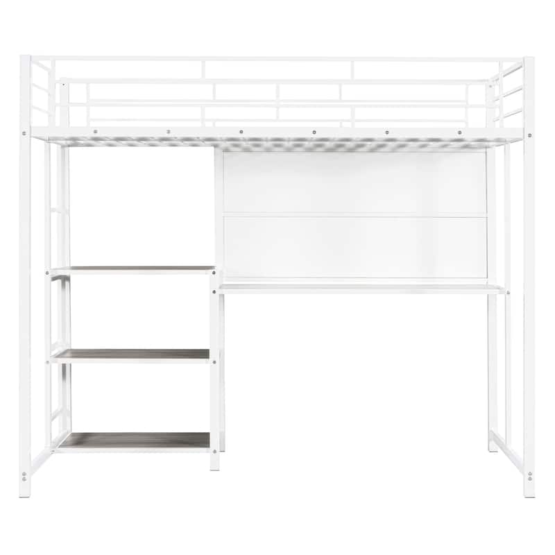 Twin Size Loft Bed with Desk & Whiteboard Metal Loft Bed w/ 3 Shelves ...