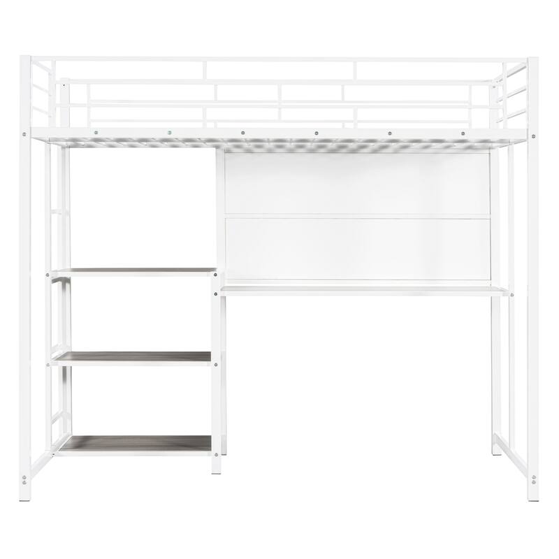 White Metal Loft Bed with Desk, Whiteboard, and 3 Shelves, Includes Ladder