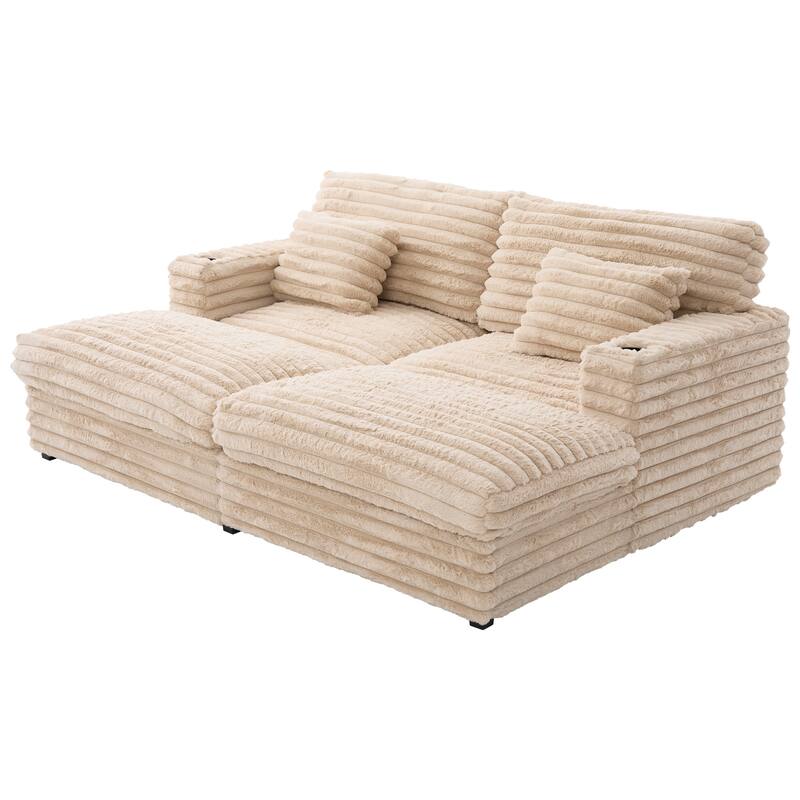 Oversized Double Chaise Lounge Sofa, Living Room 2 Seater Sofa Upholstered Sleeper Sofa Bed Daybed with USB Ports & Cup Holders