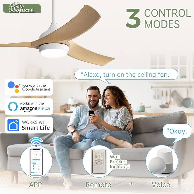 Sofucor 52 Inch Ceiling Fan with Light Remote Control,Airflow 6000CFM 3-Timer with ABS 3 Blades Reversible DC Motor