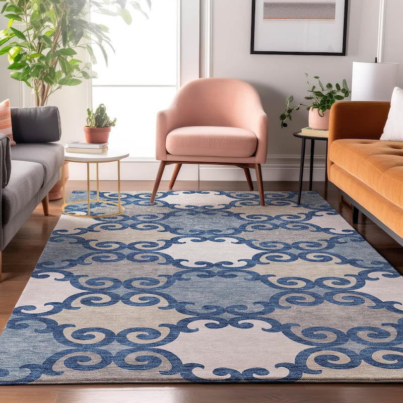 Premium Washable Super Soft Ornate Scroll Mayfield Rug - Navy - 5' x 7'6"