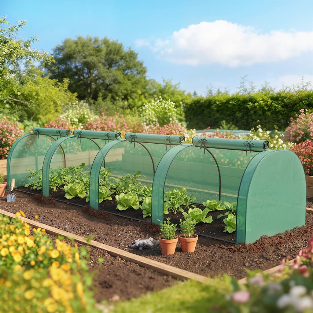 Outsunny Mini Greenhouse, 177.2" x 39.4" x 31.5" Portable Greenhouse with 4 Roll-Up Doors, PE Cover