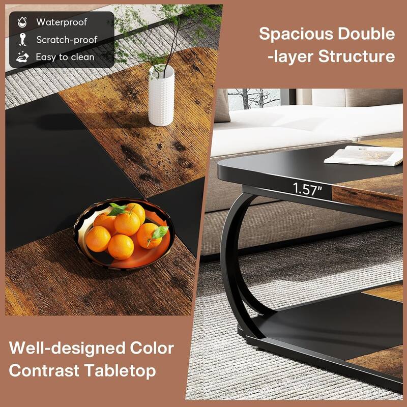 39" Square Coffee Table with Storage Shelf - 2-Tier Rustic Brown & Black