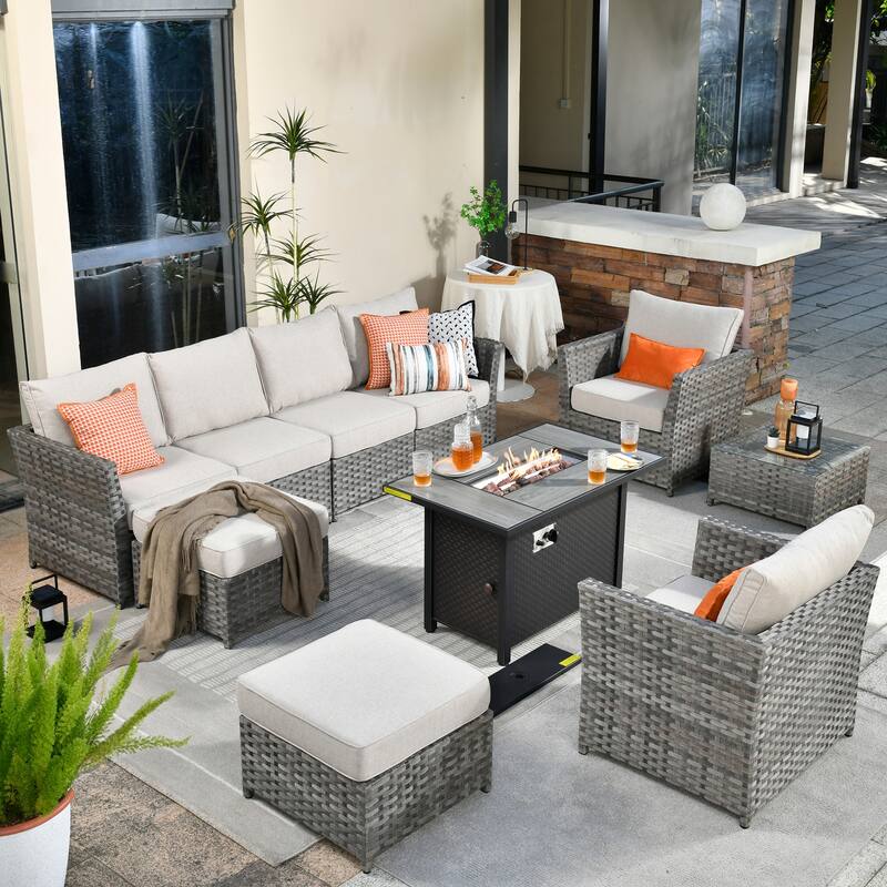 XIZZI 10-piece Patio Furniture Outdoor Sectional Sofa Set with Fire Pit - Ivory