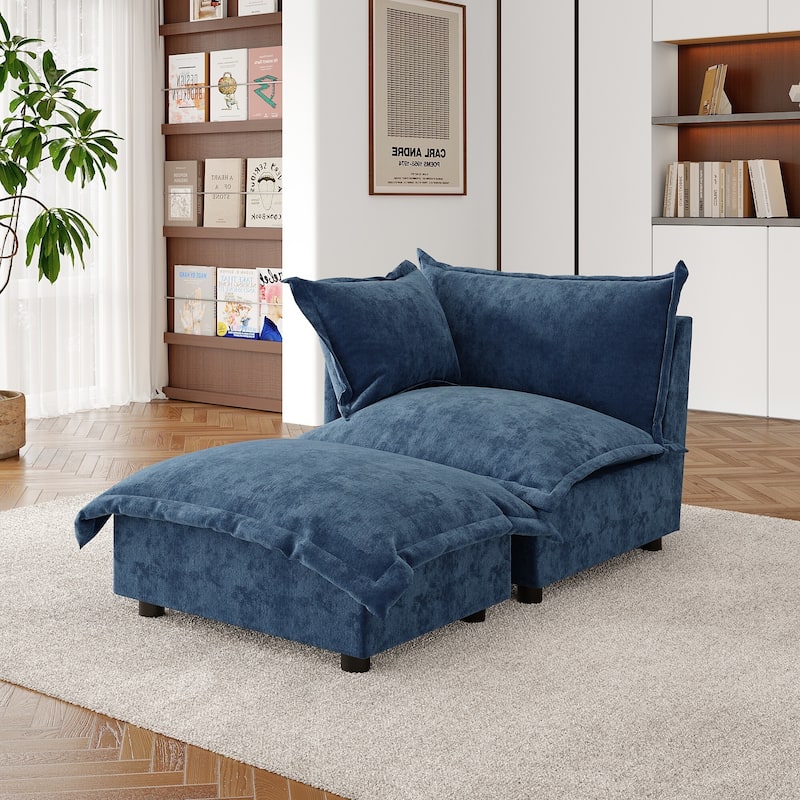 Double Layer Cushion Comfy Cloud Modular Sectional Sofa Set - Corner Sofa+Ottoman-Navy - Left Facing