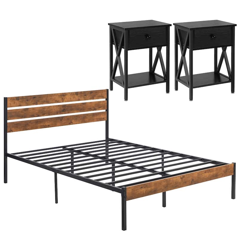 Javlergo Modern 3-Pieces Bedroom Set with Platform Bed Frame and Nightstands
