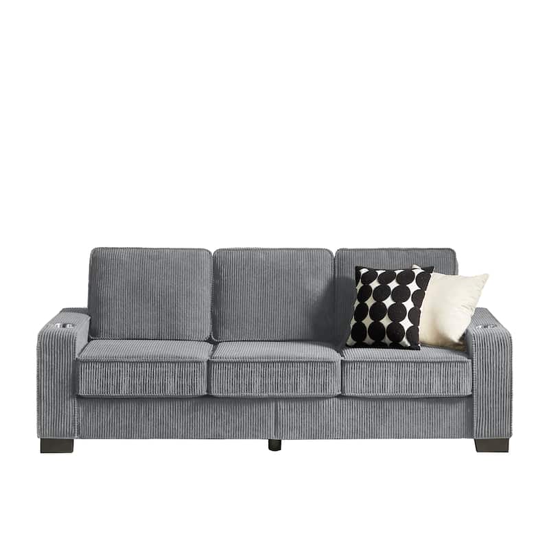 84.25" Corduroy 3-Seater Sofa, Cup Holder Armrests and Spring Cushions