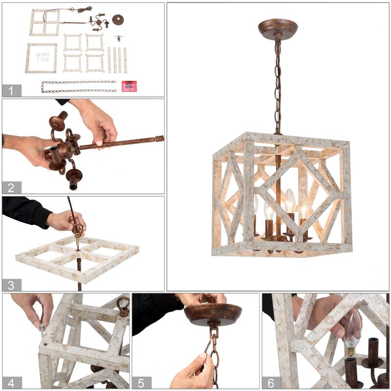Farmhouse 4-Light Distressed Wood Chandelier for Dining Room - L12"x W12"x H14"