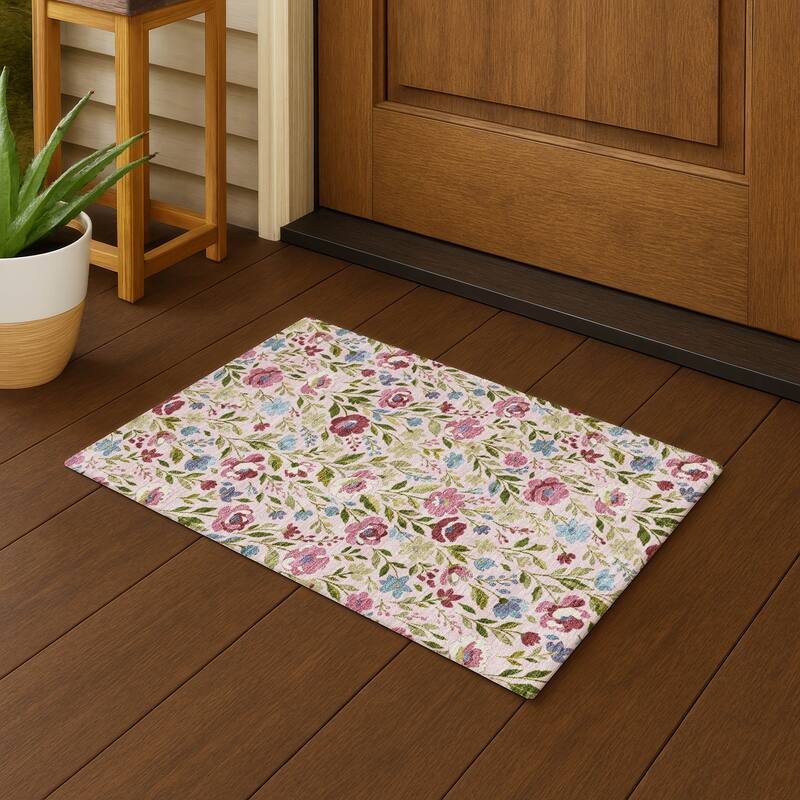 Machine Washable Indoor/ Outdoor Floral Garden Chantille Rug - Pink - 1'8" x 2'6"