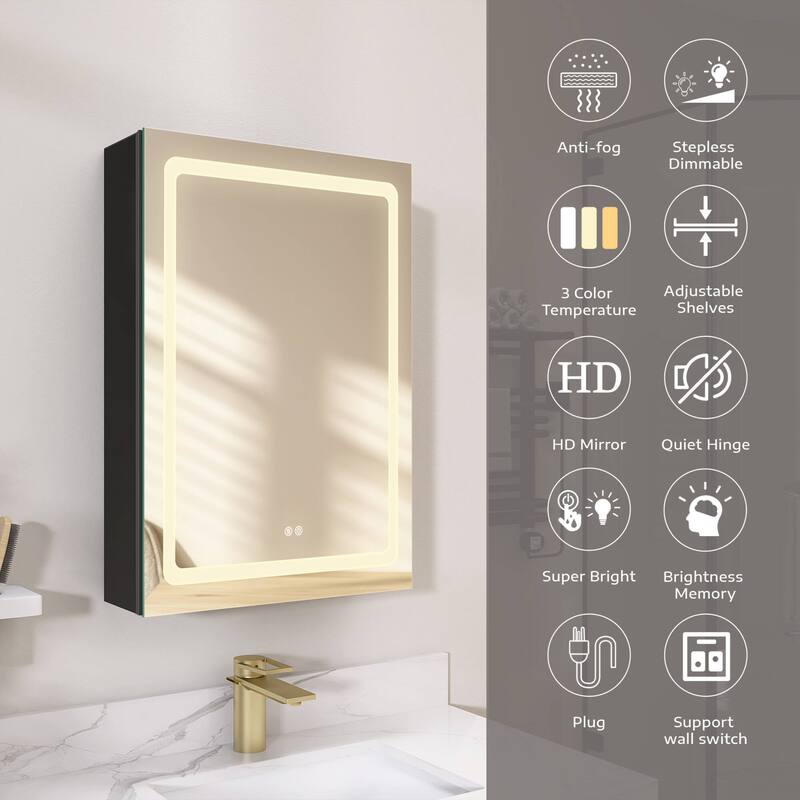 ZEAFIVE LED Black Bathroom Medicine Cabinet Surface Mount Defog Medicine Cabinet 3 Lights Dimmable