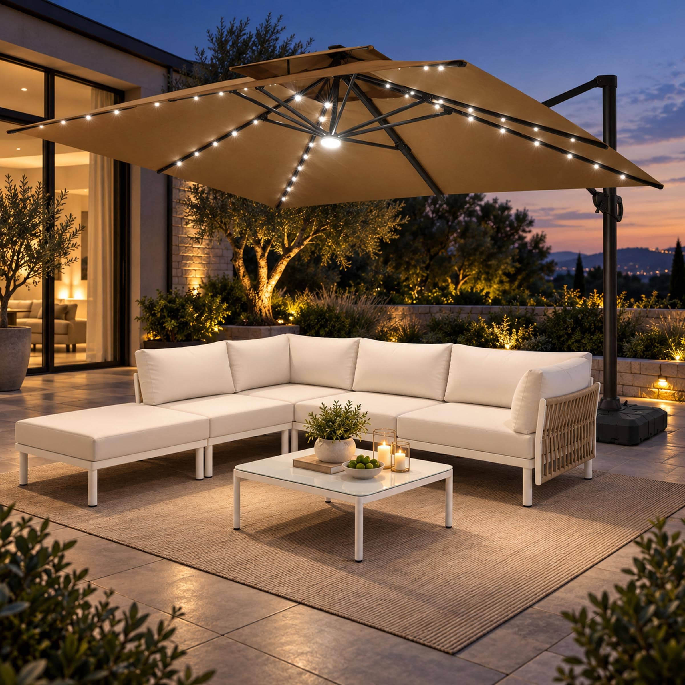 Outdoor Patio Furniture Set with Modular Sectional PE Rattan Rope Sofa, 10 x 13 FT Solar Cantilever Umbrella Set