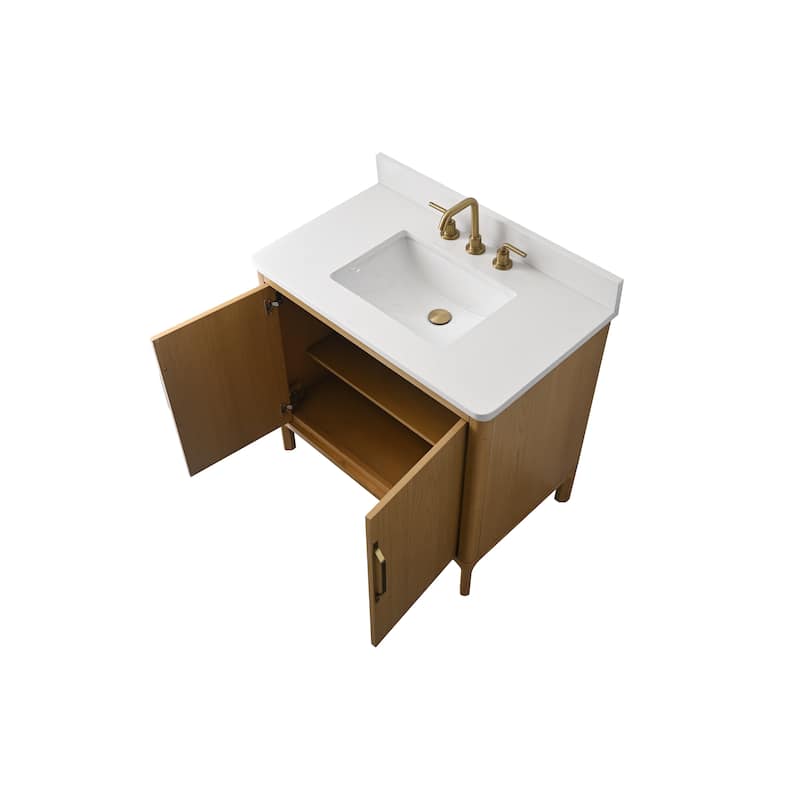 36" Freestanding Bathroom Vanity with Engineered Stone Top, Ceramic Sink, Built-In Power Outlet, and Soft-Close Doors