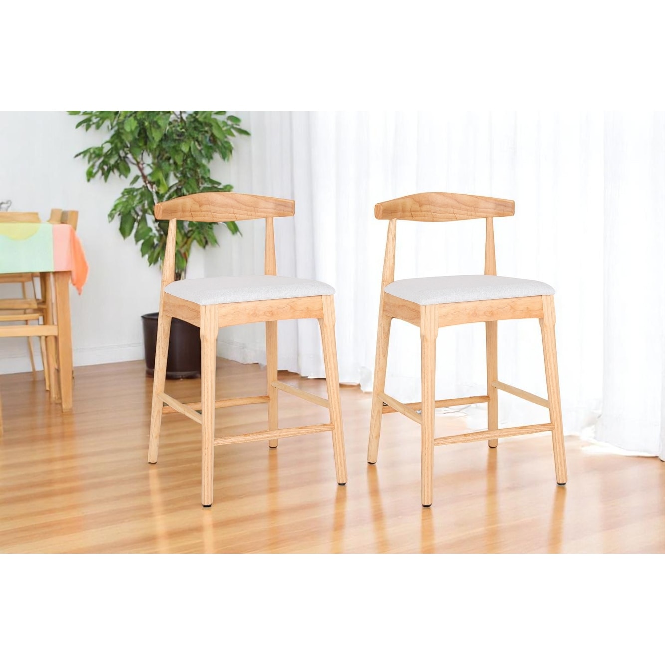 24" Counter Stools Set of 2, Upholstered Solid Wood Bar Stools with Fabric Cushions, Rubberwood Frame for Kitchen, Dining Room