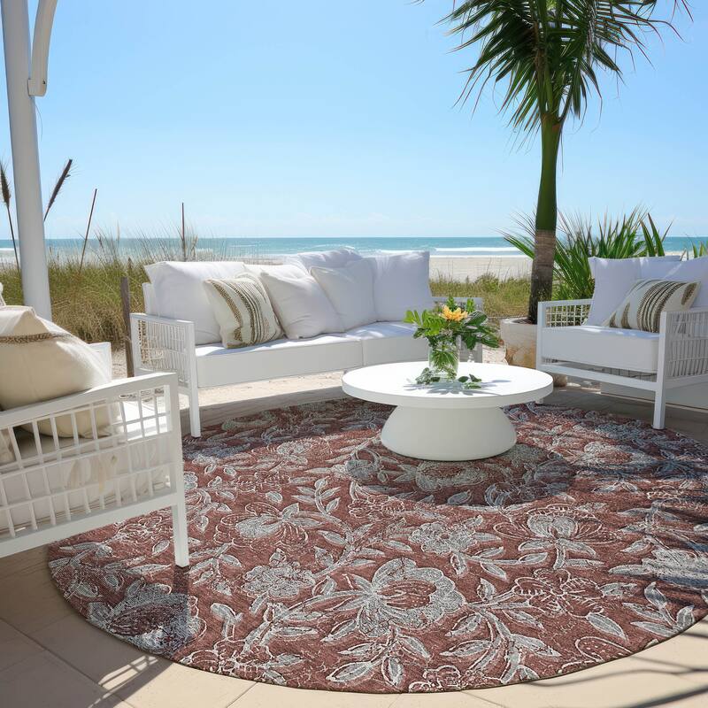 Machine Washable Indoor/ Outdoor Chantille Floral Rug - Paprika - 8' x 8'