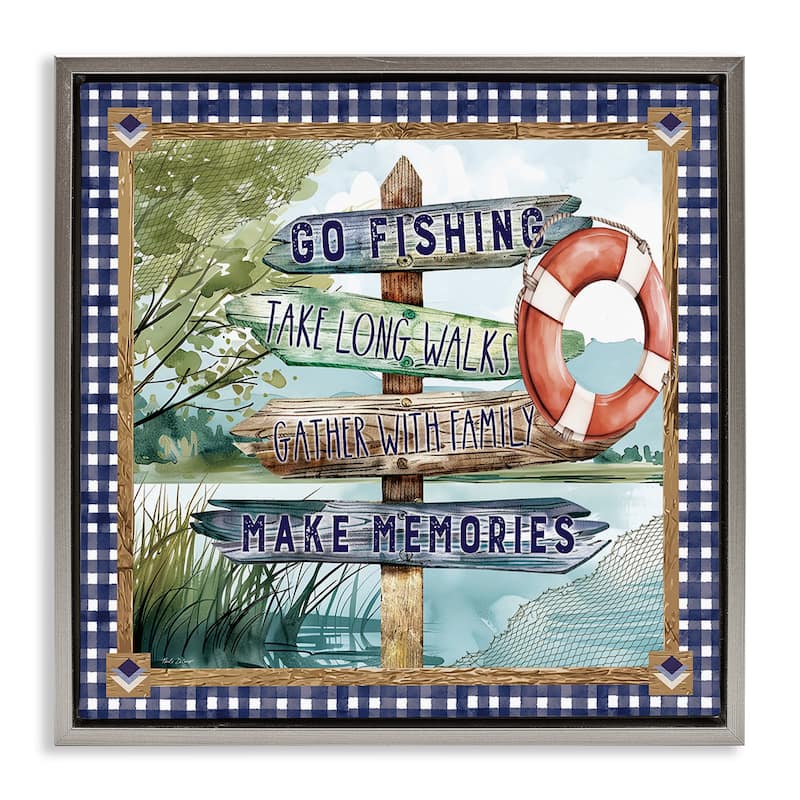 Stupell Plaid Border Lake Sign Framed Floater Canvas Wall Art Design By Nicole DeCamp - 25 x 25 - Grey
