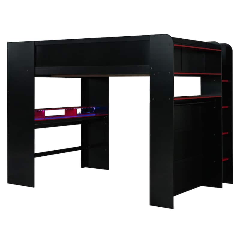 Full Size Esports Loft Bed, Built-In Gaming Station with Adjustable Desk, Wardrobe, Book Shelves, USB Port & RGB Strip Lighting