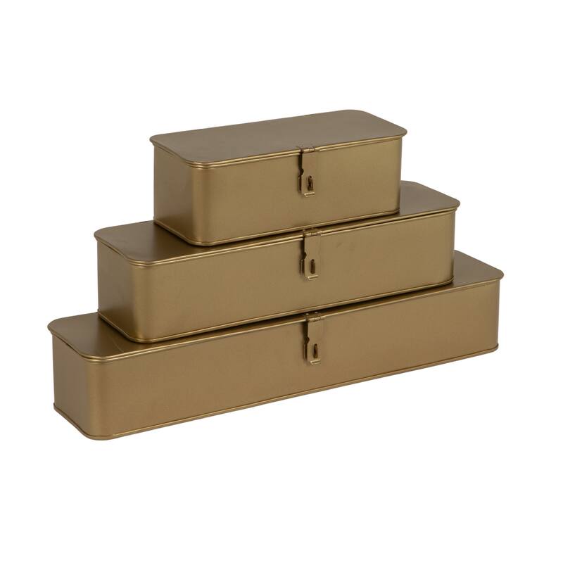 Decorative Metal Boxes with Lid, Set of 3 - 20.5"L x 5.1"W x 3.6"H - Gold