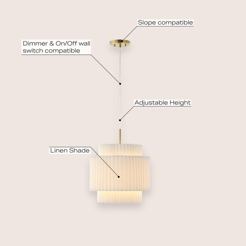 Calix 14.5" 1-Light Vintage Mid-Century Iron LED Pendant with Pleated Shade, Brass Gold/White by JONATHAN Y