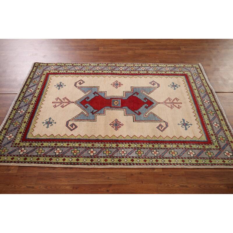 Oriental Beige Kazak Area Rug Handmade Wool Carpet - 4'1" x 6'0"